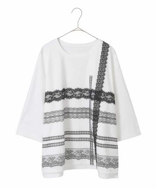HIROKO BIS GRANDE / ヒロコビス グランデ カットソー | 【大きいサイズ】レーステープデザインコットンカットソー（ホワイト）