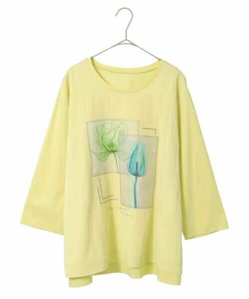 HIROKO BIS GRANDE / ヒロコビス グランデ カットソー | 【大きいサイズ】異素材ジョイントコラージュデザインカットソー（イエロー）