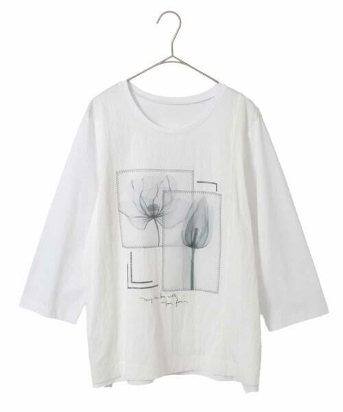 HIROKO BIS GRANDE / ヒロコビス グランデ カットソー | 【大きいサイズ】異素材ジョイントコラージュデザインカットソー（ホワイト）