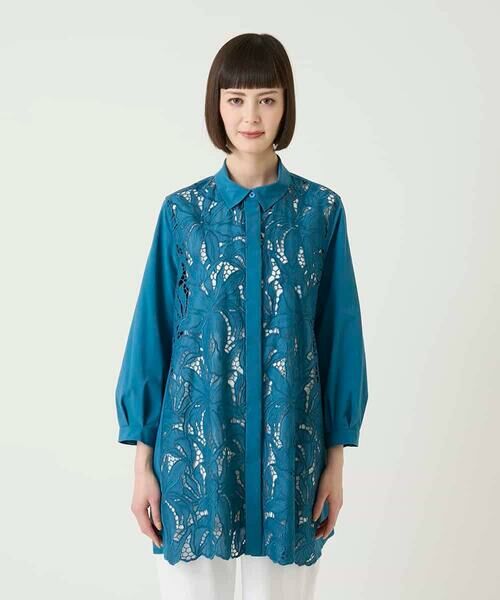 HIROKO BIS GRANDE / ヒロコビス グランデ チュニック | 【大きいサイズ】フラワー刺繍コットンロングシャツ（ブルー）
