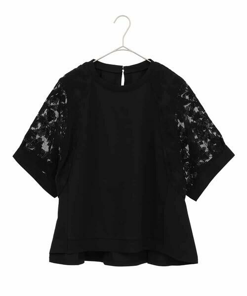 HIROKO BIS GRANDE / ヒロコビス グランデ カットソー | 【大きいサイズ】オーガンジー刺繍ドッキングプルオーバー（ブラック）