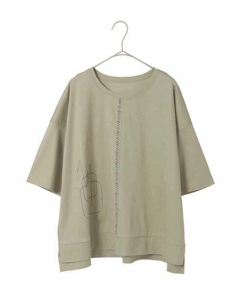 HIROKO BIS GRANDE / ヒロコビス グランデ カットソー | 【大きいサイズ/接触冷感】ミシンステッチボクシーシルエットTシャツ /洗える(カーキ)