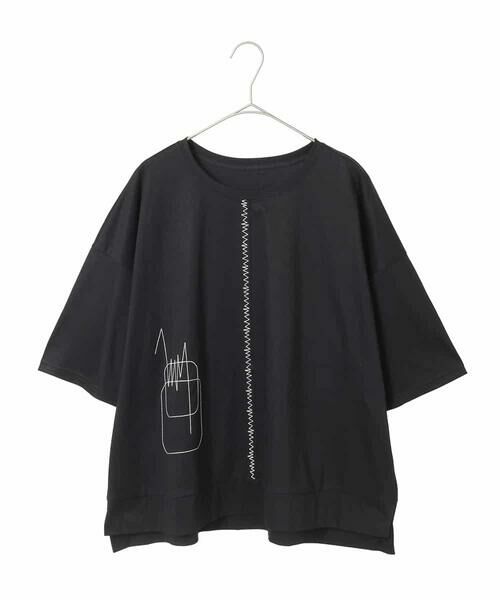 HIROKO BIS GRANDE / ヒロコビス グランデ カットソー | 【大きいサイズ/接触冷感】ミシンステッチボクシーシルエットTシャツ /洗える(ブラック)