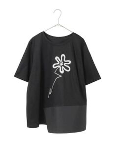 【大きいサイズ/接触冷感】異素材切り替えフラワー刺繍デザインTシャツ /洗える