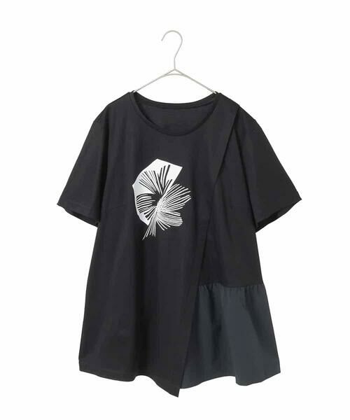 HIROKO BIS GRANDE / ヒロコビス グランデ チュニック | 【接触冷感】刺繍モチーフアシンメトリーチュニックTシャツ(ブラック)