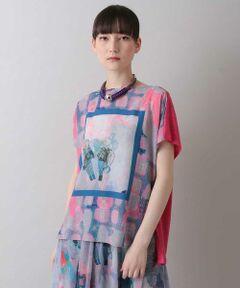 【洗える/日本製】リネン鳥格子プリントTシャツ