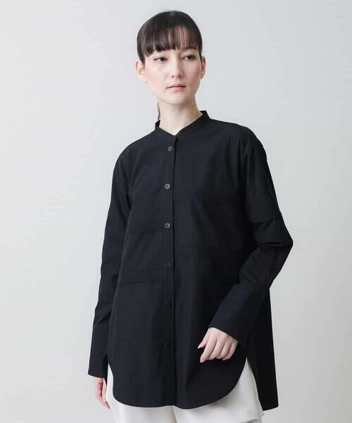 HIROKO KOSHINO/ヒロココシノ ピンタックアクセントバンドカラーシャツ /日本製/洗える ブラック L HIROKO KOSHINO/ヒロココシノ ピンタックアクセントバンドカラーシャツ /日本製/洗える ブラック L