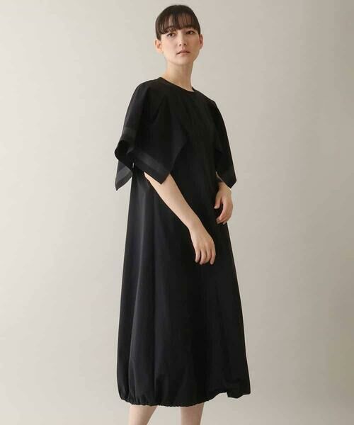 HIROKO KOSHINO/ヒロココシノ ラッフル袖タフタワンピース /洗える ブラック L HIROKO KOSHINO/ヒロココシノ ラッフル袖タフタワンピース /洗える ブラック L