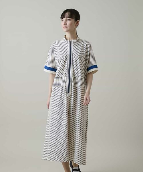 HIROKO KOSHINO / ヒロココシノ ロング・マキシ丈ワンピース | ウエストドロストストライプワンピース /洗える（ブルー）