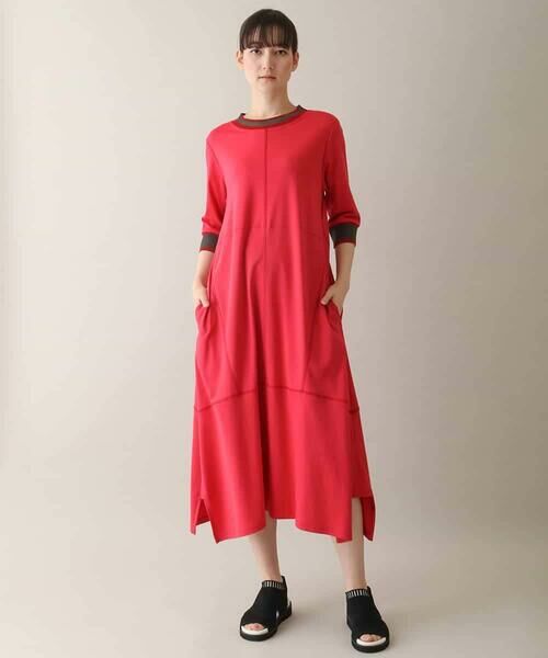 HIROKO KOSHINO/ヒロココシノ シアーラインリブアクセントワンピース /日本製/洗える ピンク M HIROKO KOSHINO/ヒロココシノ シアーラインリブアクセントワンピース /日本製/洗える ピンク M