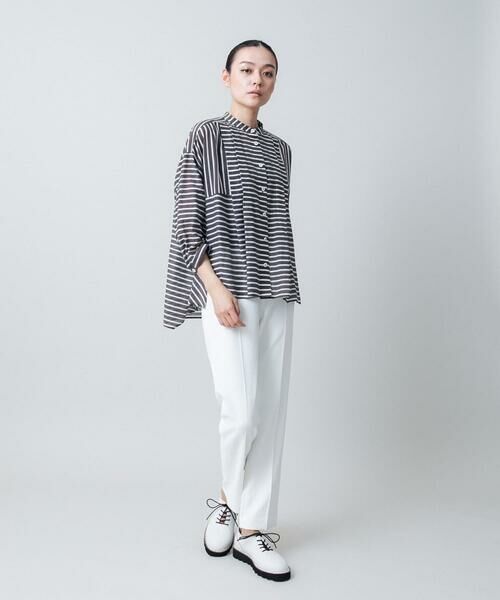 HIROKO KOSHINO / ヒロココシノ シャツ・ブラウス | 切り替えフレア先染めボーダーシャツ /日本製 | 詳細10