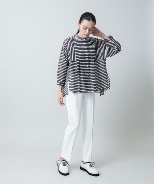 HIROKO KOSHINO / ヒロココシノ シャツ・ブラウス | 切り替えフレア先染めボーダーシャツ /日本製 | 詳細9