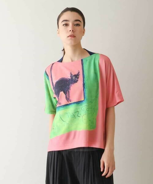 HIROKO KOSHINO/ヒロココシノ ネコモチーフアートプリントカットソー /日本製/洗える ピンク M HIROKO KOSHINO/ヒロココシノ ネコモチーフアートプリントカットソー /日本製/洗える ピンク M