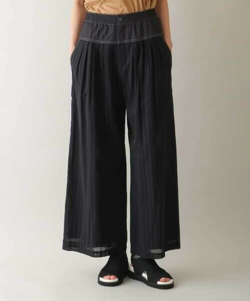 HIROKO KOSHINO/ヒロココシノ ストライプオーガンジーワイドパンツ /洗える ブラック L