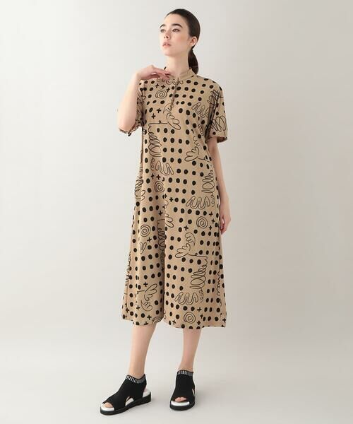 HIROKO KOSHINO/ヒロココシノ 幾何ドット柄プリントワンピース/日本製/洗濯機で洗える ベージュ M