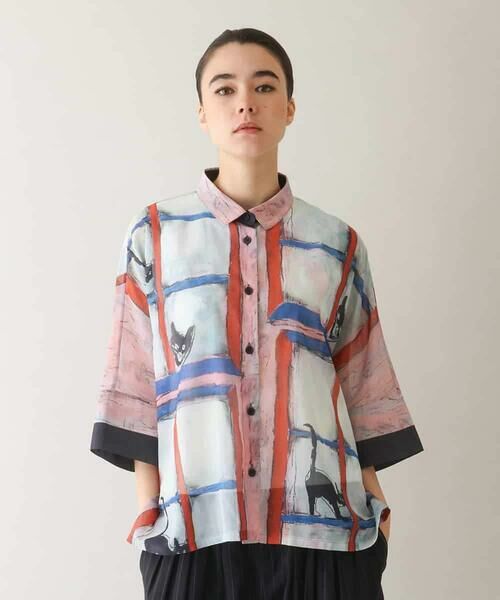 HIROKO KOSHINO/ヒロココシノ ネコモチーフアートプリントシャツ/日本製/洗える グレー M HIROKO KOSHINO/ヒロココシノ ネコモチーフアートプリントシャツ/日本製/洗える グレー M