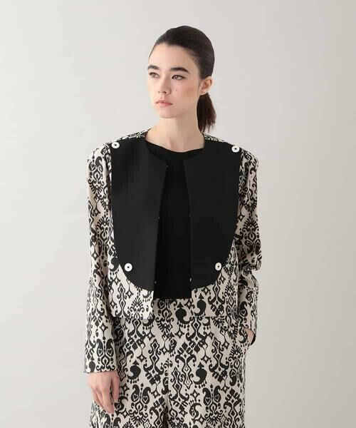 HIROKO KOSHINO / ヒロココシノ ノーカラージャケット | コットンリネンダマスク柄ショートジャケット/日本製 | 詳細1