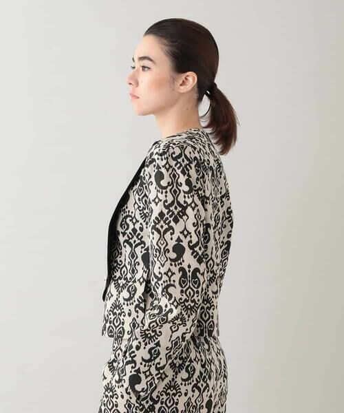 HIROKO KOSHINO / ヒロココシノ ノーカラージャケット | コットンリネンダマスク柄ショートジャケット/日本製 | 詳細2
