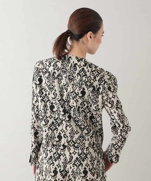 HIROKO KOSHINO / ヒロココシノ ノーカラージャケット | コットンリネンダマスク柄ショートジャケット/日本製 | 詳細3