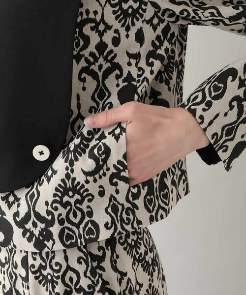 HIROKO KOSHINO / ヒロココシノ ノーカラージャケット | コットンリネンダマスク柄ショートジャケット/日本製 | 詳細7