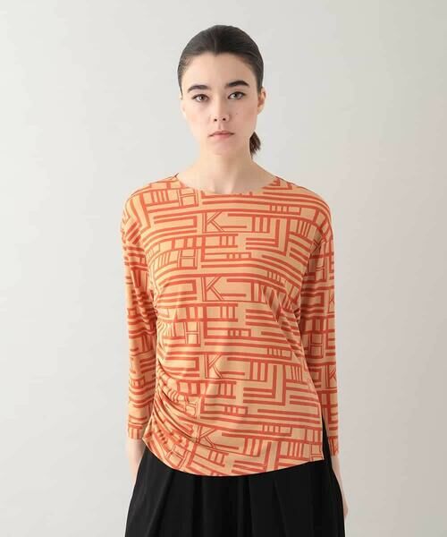 HIROKO KOSHINO/ヒロココシノ 幾何プリントシャーリングデザインカットソー /日本製/洗える オレンジ L
