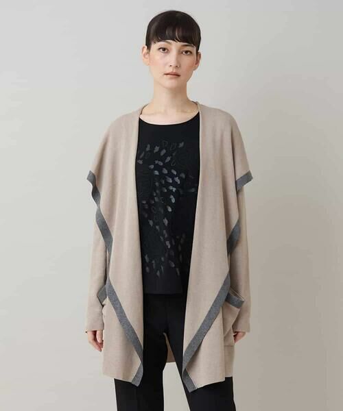 HIROKO KOSHINO/ヒロココシノ ショールカラー配色ニットカーディガン ベージュ M HIROKO KOSHINO/ヒロココシノ ショールカラー配色ニットカーディガン ベージュ M