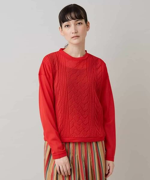 HIROKO KOSHINO / ヒロココシノ カットソー | ケーブル編柄エンボスデザインプルオーバー/洗える(レッド)