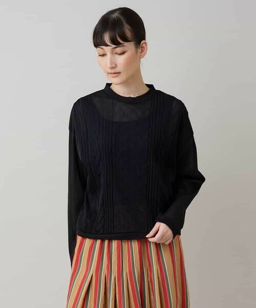 HIROKO KOSHINO / ヒロココシノ カットソー | ケーブル編柄エンボスデザインプルオーバー/洗える(ブラック)