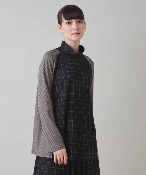 HIROKO KOSHINO/ヒロココシノ ミックスパターンハイネックカットソー/日本製/洗える ダークグレー L HIROKO KOSHINO/ヒロココシノ ミックスパターンハイネックカットソー/日本製/洗える ダークグレー L