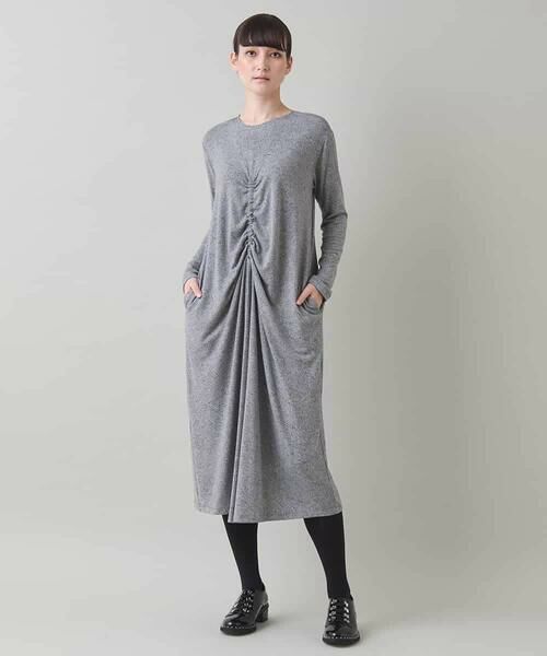 HIROKO KOSHINO/ヒロココシノ ギャザーアクセントジャージーワンピース/日本製/洗える ライトグレー L HIROKO KOSHINO/ヒロココシノ ギャザーアクセントジャージーワンピース/日本製/洗える ライトグレー L