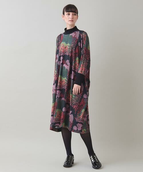 HIROKO KOSHINO / ヒロココシノ ロング・マキシ丈ワンピース | アートプリントジャージーワンピース/日本製/洗える(ブラック)