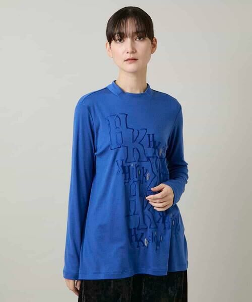HIROKO KOSHINO / ヒロココシノ チュニック | 刺繍ロゴモックネックチュニック/日本製/洗える(ブルー)