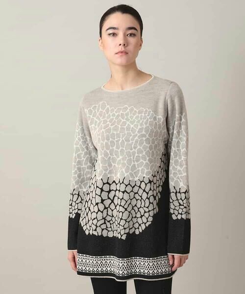 HIROKO KOSHINO / ヒロココシノ チュニック | 幾何モチーフデザインチュニックニット/日本製（ベージュ）
