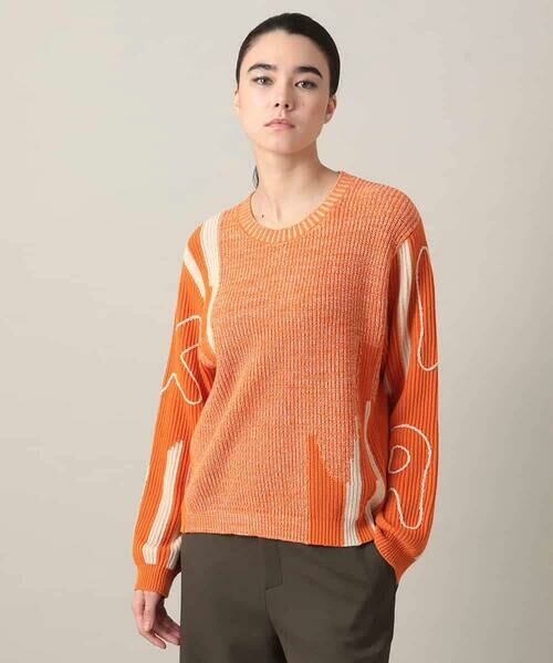 HIROKO KOSHINO / ヒロココシノ ニット・セーター | ロゴデザインインターシャニットプルオーバー/洗える（オレンジ）