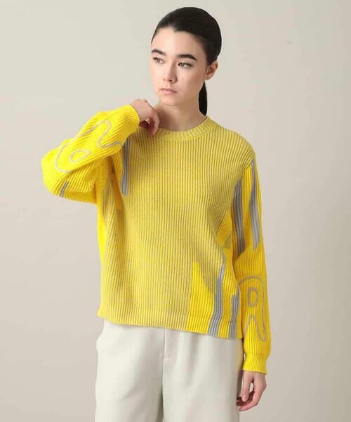 HIROKO KOSHINO / ヒロココシノ ニット・セーター | ロゴデザインインターシャニットプルオーバー/洗える（イエロー）