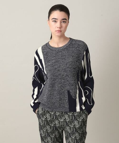 HIROKO KOSHINO / ヒロココシノ ニット・セーター | ロゴデザインインターシャニットプルオーバー/洗える（ネイビー）