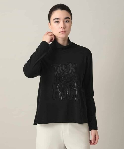 HIROKO KOSHINO / ヒロココシノ カットソー | スパンコール刺繍ロゴデザインカットソー/日本製/洗える（ブラック）