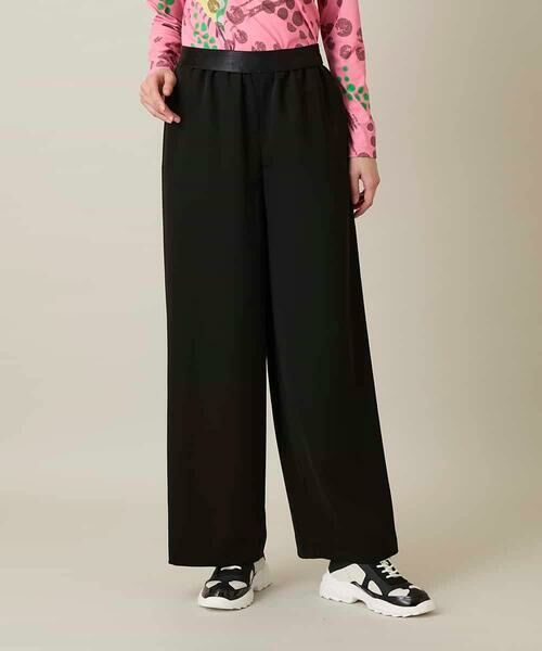 HIROKO KOSHINO / ヒロココシノ チノ・ワークパンツ | シャイニーウエストストレッチワイドパンツ /日本製/洗える（ブラック）