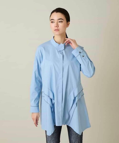 HIROKO KOSHINO / ヒロココシノ シャツ・ブラウス | 配色ジグザグステッチチュニックブラウス/洗える（ライトブルー）