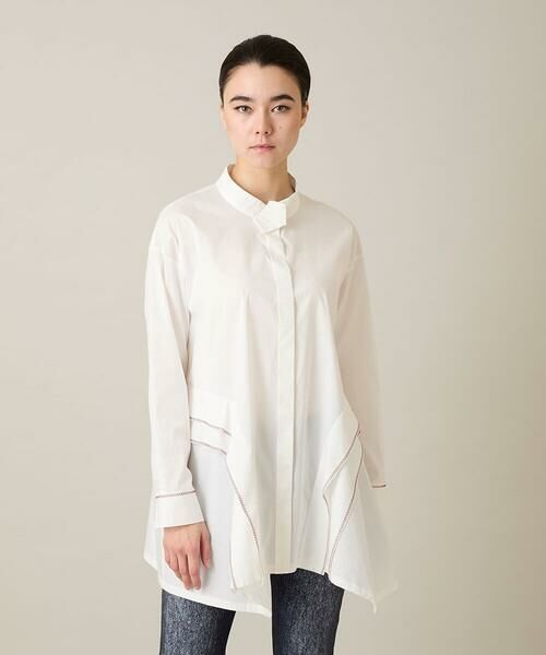 HIROKO KOSHINO / ヒロココシノ シャツ・ブラウス | 配色ジグザグステッチチュニックブラウス/洗える（ホワイト）