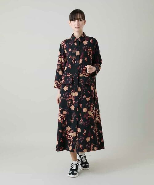 HIROKO KOSHINO / ヒロココシノ ロング・マキシ丈ワンピース | オリエンタルアニマルプリントワンピース /日本製/洗える（ブラック）