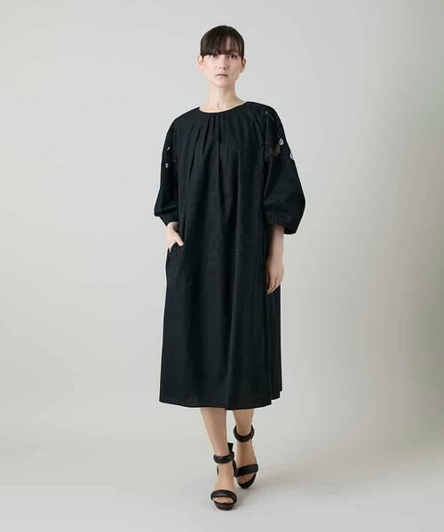 HIROKO KOSHINO / ヒロココシノ ロング・マキシ丈ワンピース | 幾何学エンブロイダリーワンピース /洗える（ブラック）