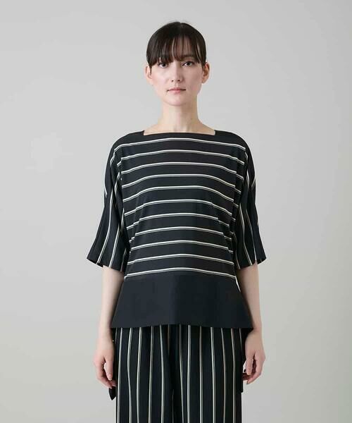 HIROKO KOSHINO / ヒロココシノ シャツ・ブラウス | アシンメトリーヘムボーダーブラウス/日本製/洗濯機で洗える | 詳細1