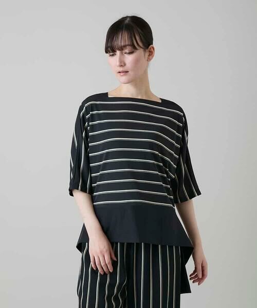 HIROKO KOSHINO / ヒロココシノ シャツ・ブラウス | アシンメトリーヘムボーダーブラウス/日本製/洗濯機で洗える（ブラック）