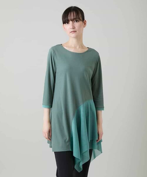 HIROKO KOSHINO / ヒロココシノ チュニック | アシンメトリーチュールヘムデザインチュニック/日本製/洗える（グリーン）