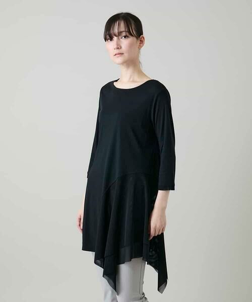 HIROKO KOSHINO / ヒロココシノ チュニック | アシンメトリーチュールヘムデザインチュニック/日本製/洗える（ブラック）