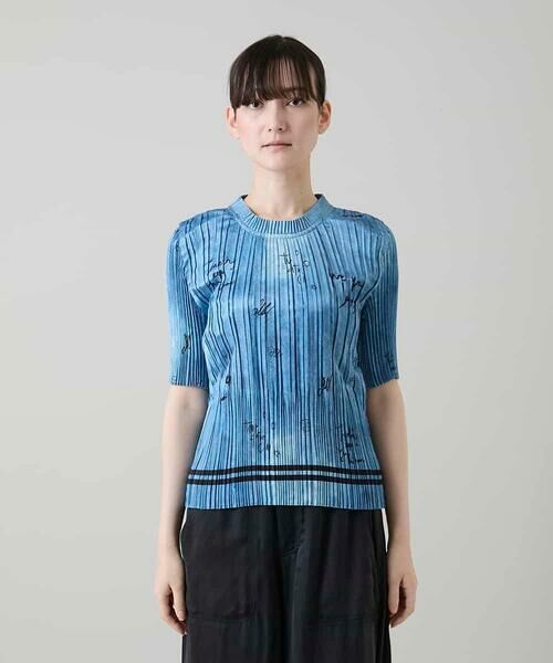 HIROKO KOSHINO / ヒロココシノ カットソー | デニム風ロゴプリントプリーツプルオーバー/洗える | 詳細1