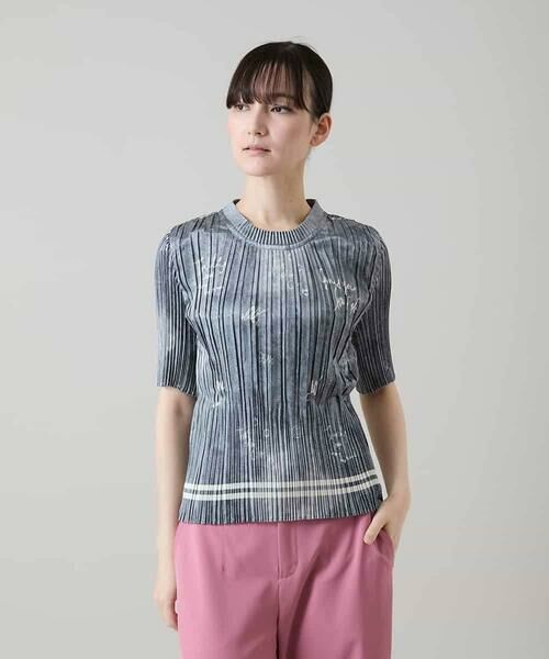 HIROKO KOSHINO / ヒロココシノ カットソー | デニム風ロゴプリントプリーツプルオーバー/洗える（ブラック）