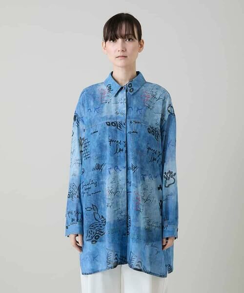 HIROKO KOSHINO / ヒロココシノ シャツ・ブラウス | デニム風アートプリントロングシャツ/洗える | 詳細2