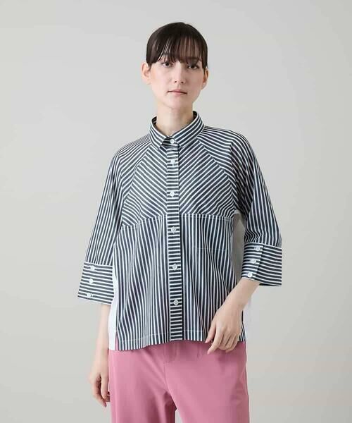 HIROKO KOSHINO / ヒロココシノ シャツ・ブラウス | トリコットストライプデザインブラウス/洗える（ネイビー）